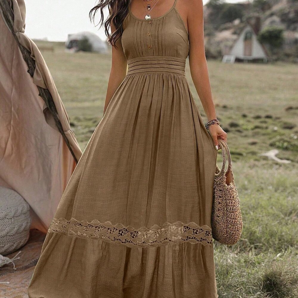 Khaki Casual Women's Contrast Lace Ruffle Hem Cami Maxi Sundress - Picture 3 of 5